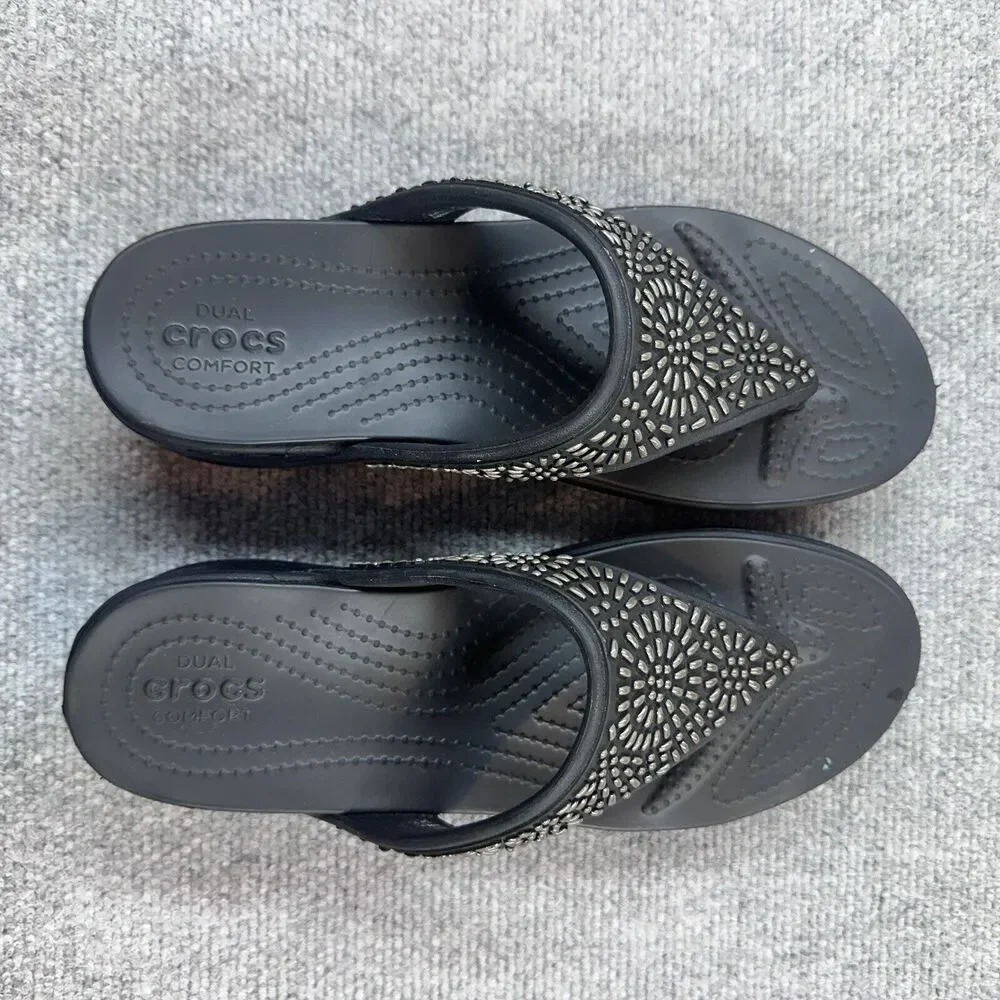 Crocs Women's Black Monterey Diamante Wedge Flip Flop Thong Sandals Size 10